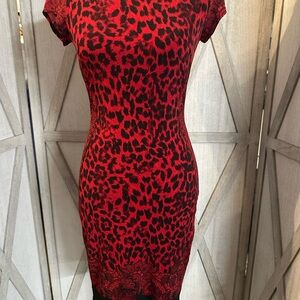 Cache Red and Black Leopard Print Midi Dress